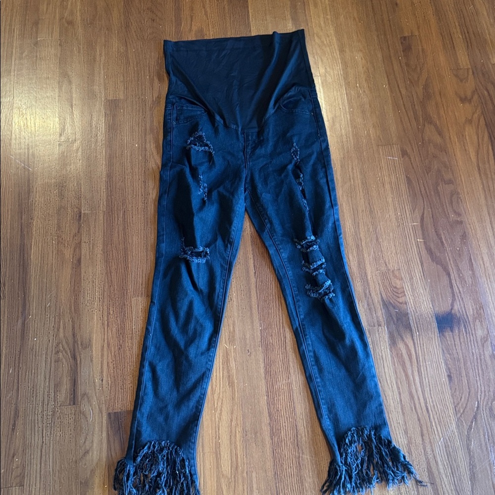 Pinkblush Black Denim with Fringe Detail maternity